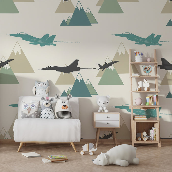 Kids' Room Wallpaper | Fighter Jets Over Stylized Mountains