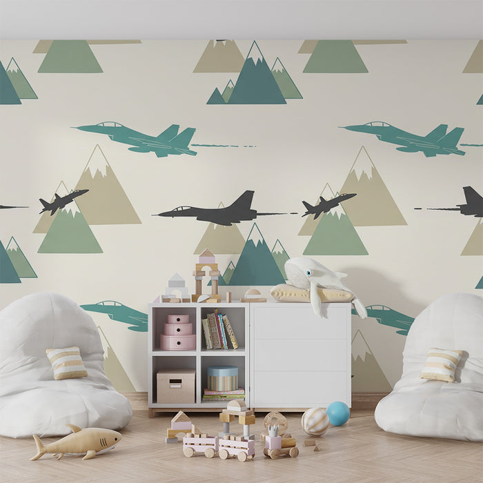 Kids' Room Wallpaper | Fighter Jets Over Stylized Mountains