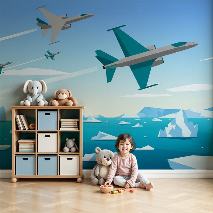 Kinderzimmer Tapete | Kampfjets vor Polarnacht-Hintergrund