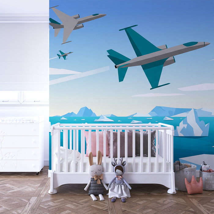 Kinderzimmer Tapete | Kampfjets vor Polarnacht-Hintergrund