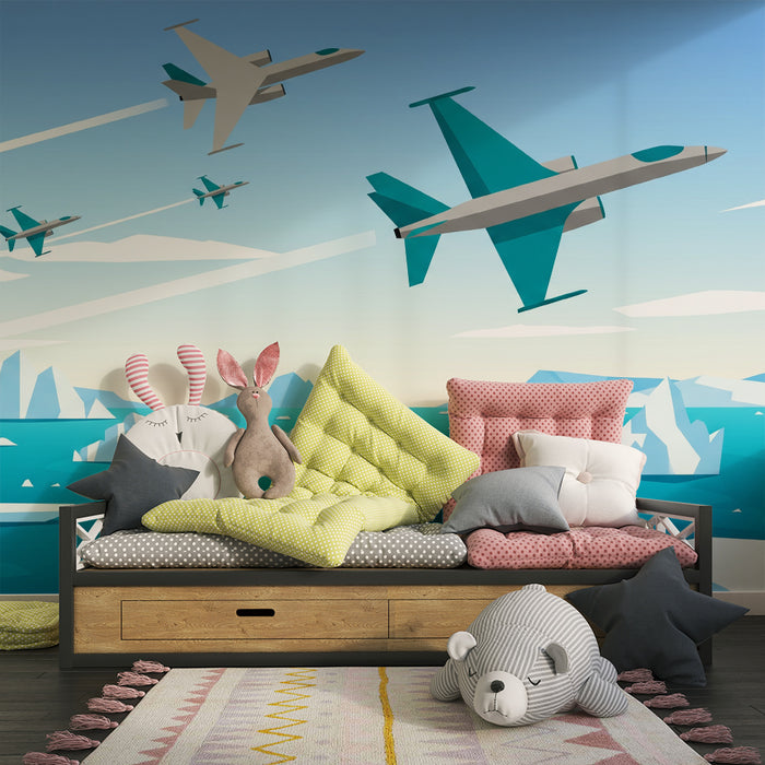 Kinderzimmer Tapete | Kampfjets vor Polarnacht-Hintergrund