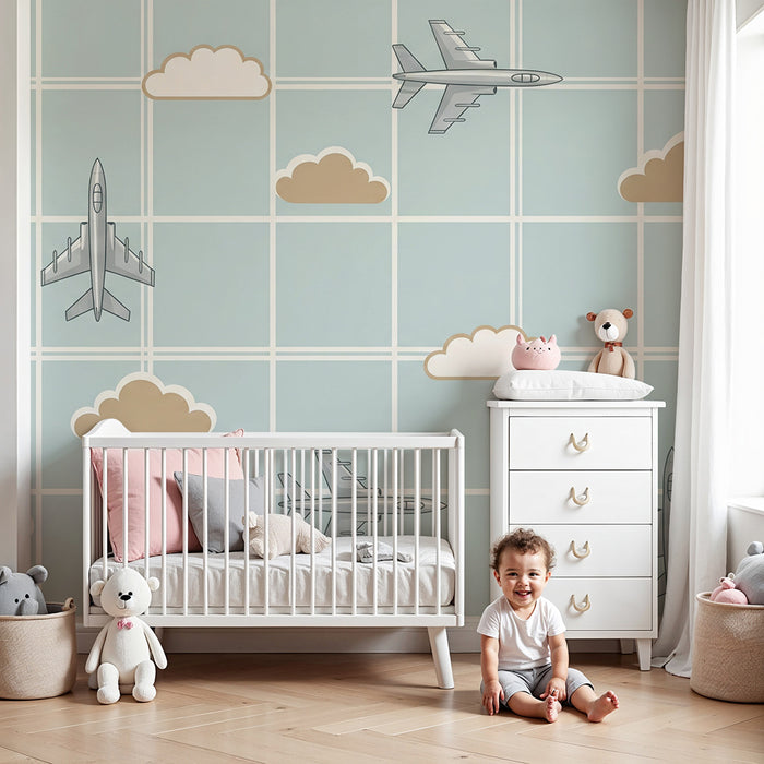 Kids' Room Wallpaper | Stylized Airplanes and Clouds on a Pastel Background