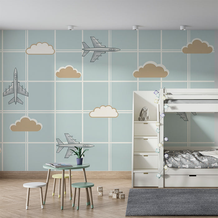 Kids' Room Wallpaper | Stylized Airplanes and Clouds on a Pastel Background