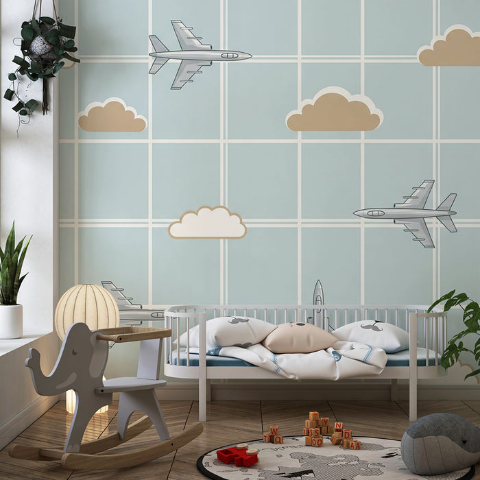 Kids' Room Wallpaper | Stylized Airplanes and Clouds on a Pastel Background