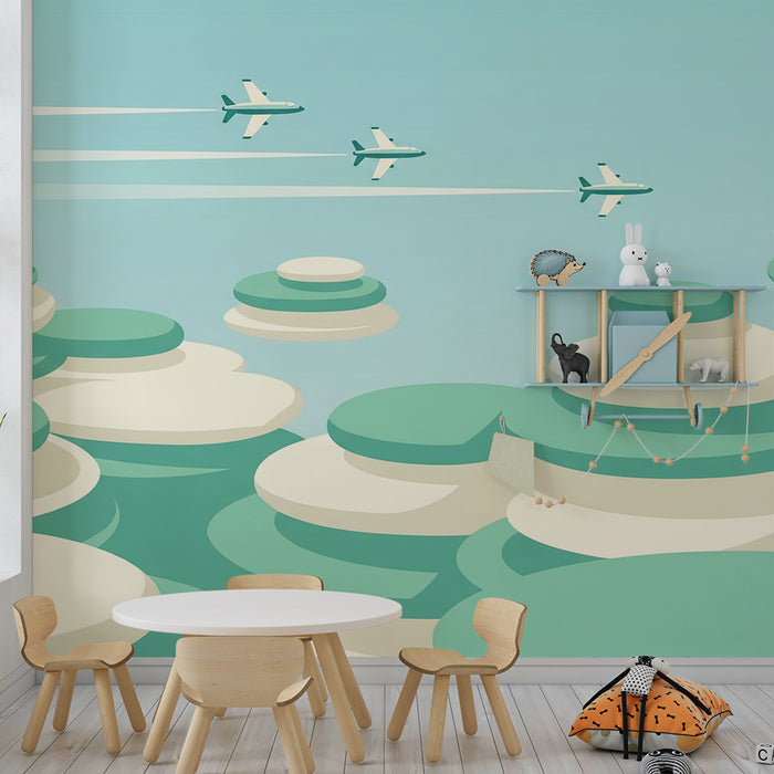 Barnrumspapper | Stiliserade flygplan på en lugn himmel