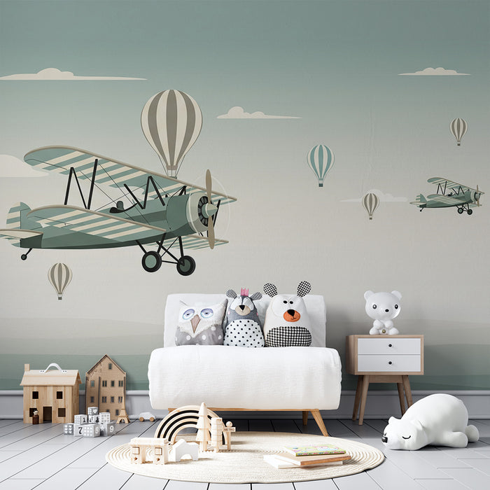 Børnetapet | Vintagefly og luftballoner i en rolig himmel