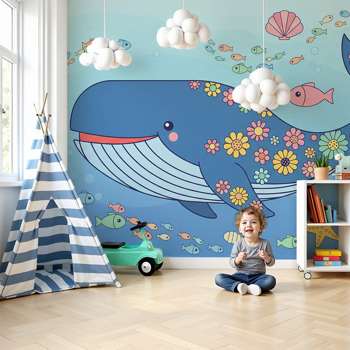 Papier de parede quarto criança | Baleia colorida e mundo subaquático encantador