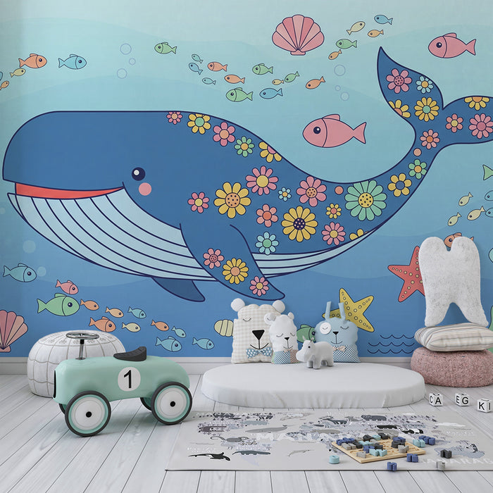 Papier de parede quarto criança | Baleia colorida e mundo subaquático encantador