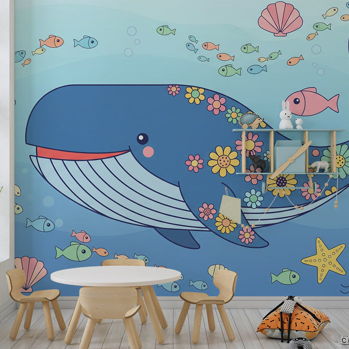 Papier de parede quarto criança | Baleia colorida e mundo subaquático encantador