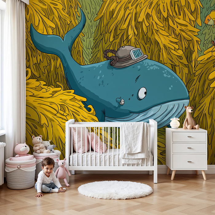Papel de parede infantil | Baleia curiosa e peixes-palhaço num mar de algas douradas