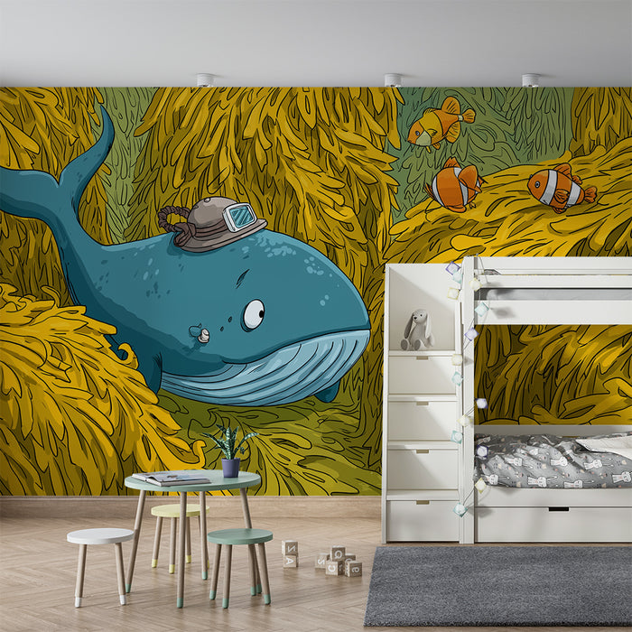 Papel de parede infantil | Baleia curiosa e peixes-palhaço num mar de algas douradas
