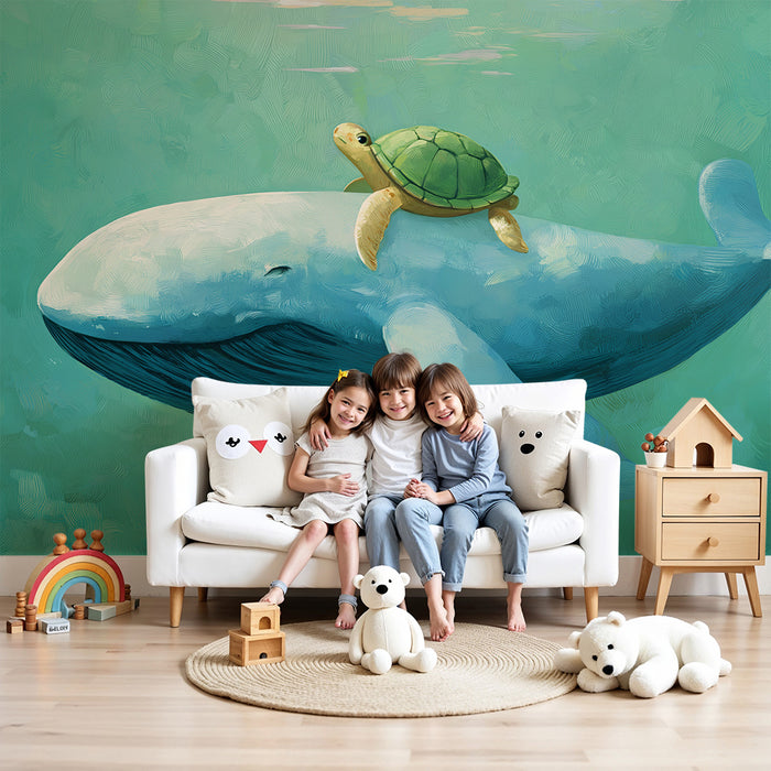 Papier peint chambre enfant | Baleine et tortue nageant dans un océan paisible
