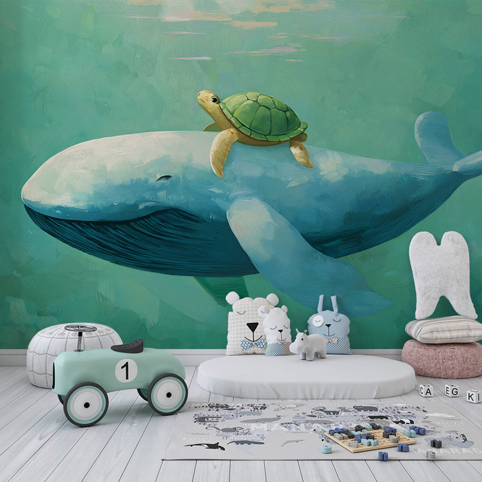 Papier peint chambre enfant | Baleine et tortue nageant dans un océan paisible