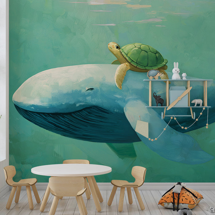 Papier peint chambre enfant | Baleine et tortue nageant dans un océan paisible