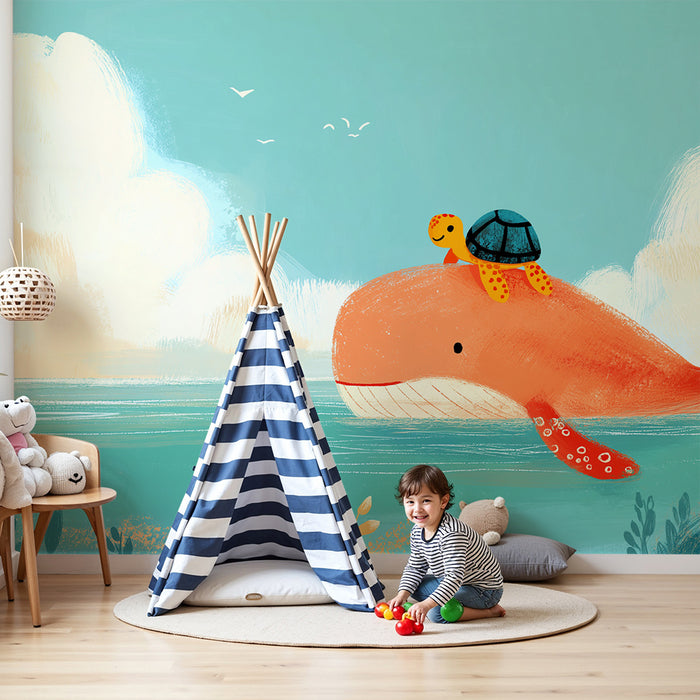 Kids room wallpaper | Happy whale and turtle on the water