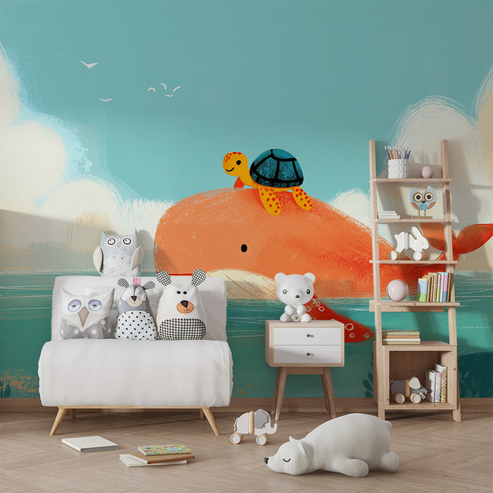 Kids room wallpaper | Happy whale and turtle on the water