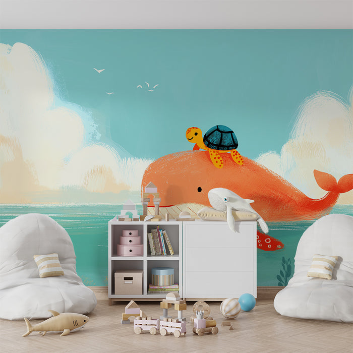 Kids room wallpaper | Happy whale and turtle on the water