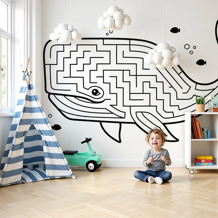 Kinderzimmer Tapete | Labyrinthische Wale und bunte Unterwasserfische
