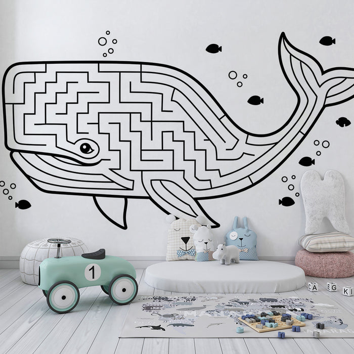 Kinderzimmer Tapete | Labyrinthische Wale und bunte Unterwasserfische