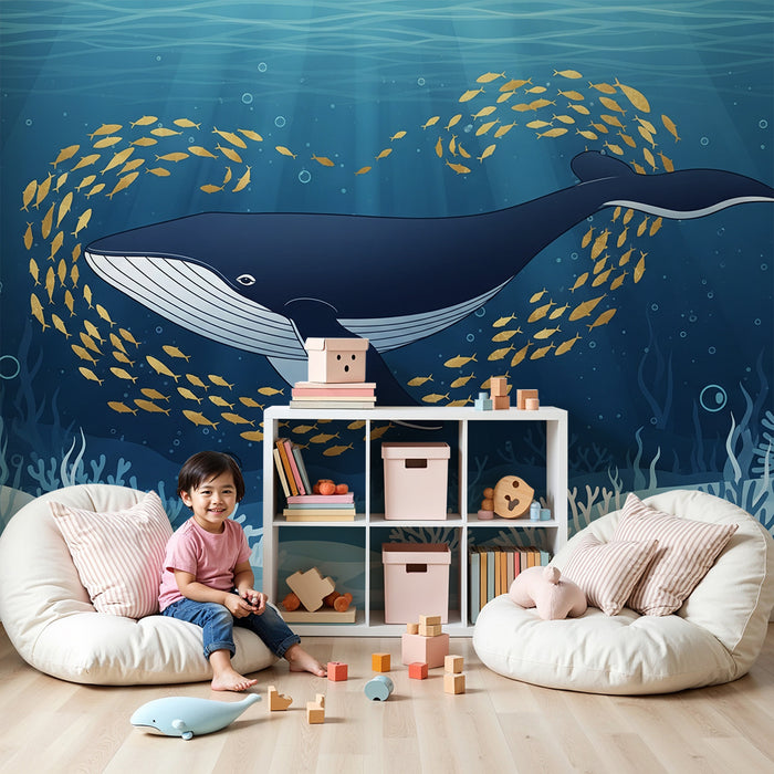 Oblazinje za otroško sobo | Veličastni kit in jata rib v živahnem oceanu