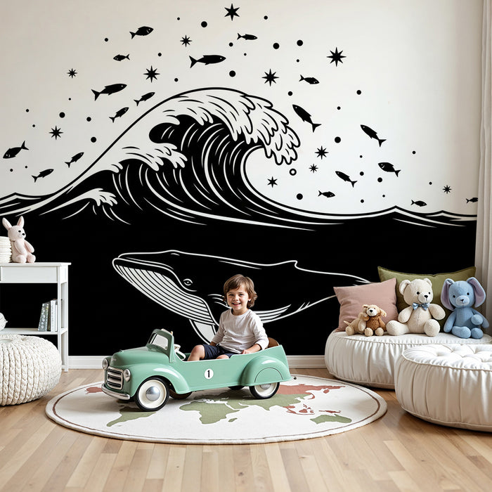 Kids room wallpaper | Majestic whale and stylized waves under a starry sky