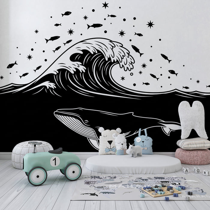 Kids room wallpaper | Majestic whale and stylized waves under a starry sky