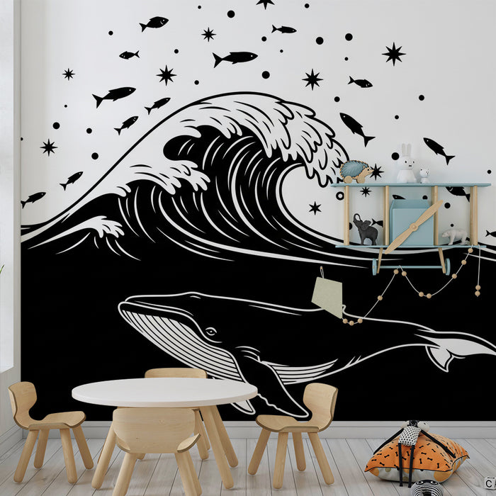 Kids room wallpaper | Majestic whale and stylized waves under a starry sky