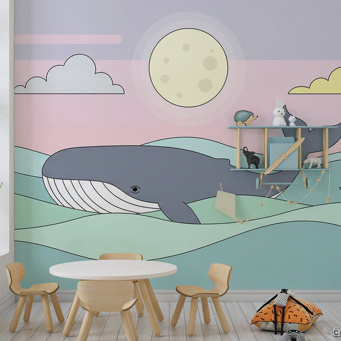Papel de parede criança | Baleia majestosa e veleiro em um oceano pastel