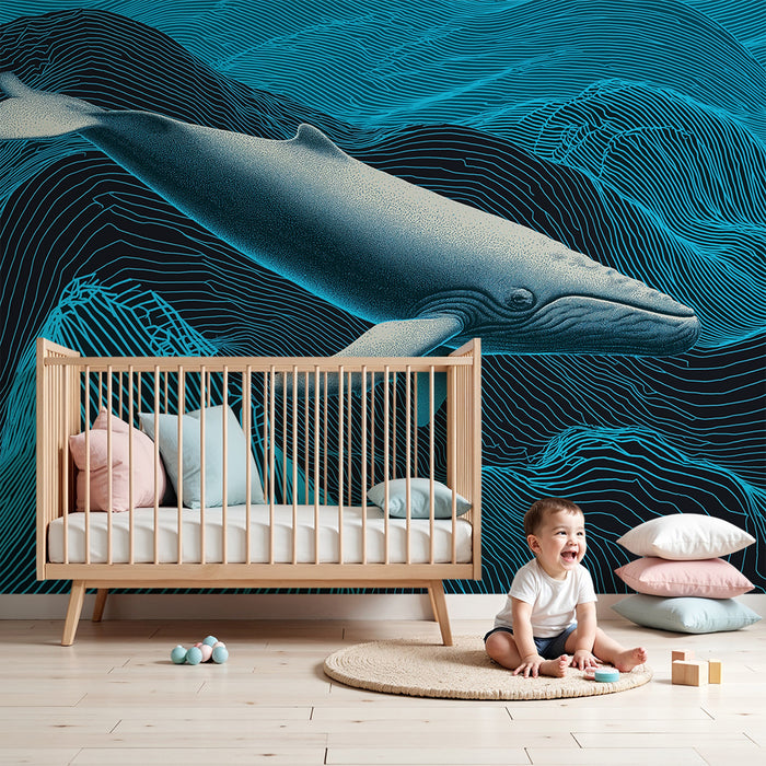 Behang kinderkamer | Majestueuze walvis in gestileerde golven