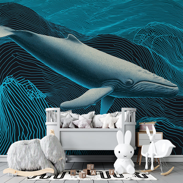 Behang kinderkamer | Majestueuze walvis in gestileerde golven