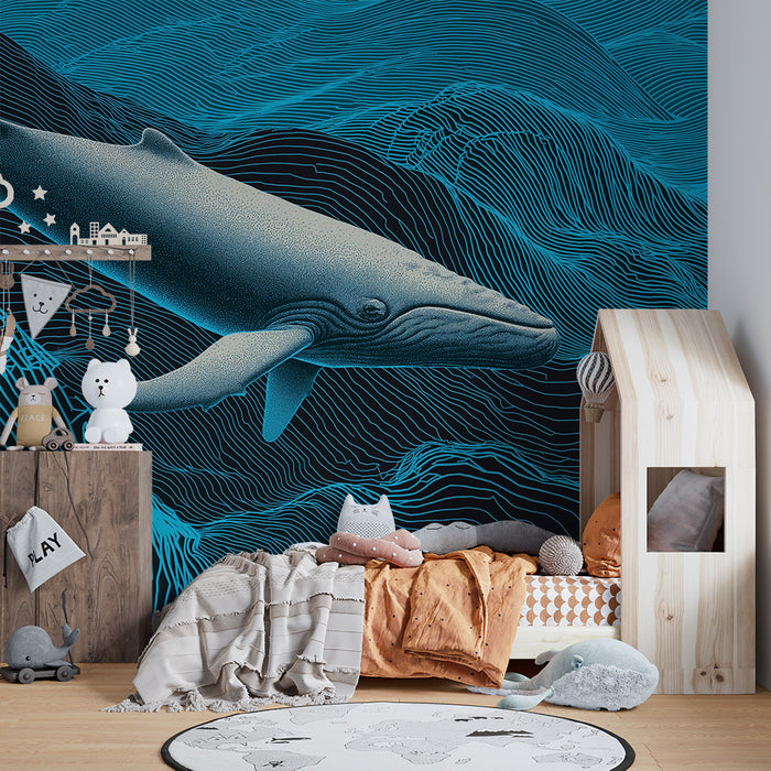 Behang kinderkamer | Majestueuze walvis in gestileerde golven