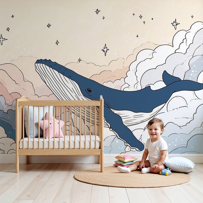 Gyermekszoba tapéta | Fenséges bálna úszik a csillagos felhők között