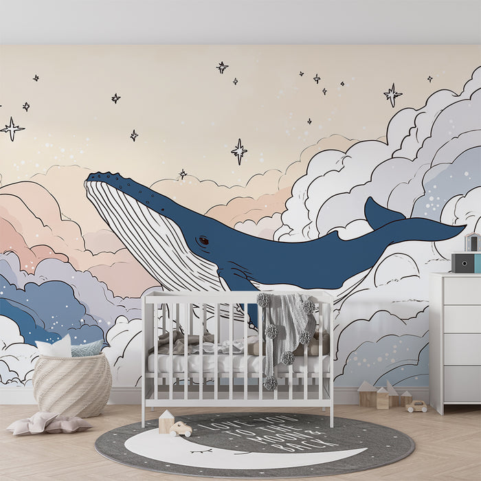 Gyermekszoba tapéta | Fenséges bálna úszik a csillagos felhők között