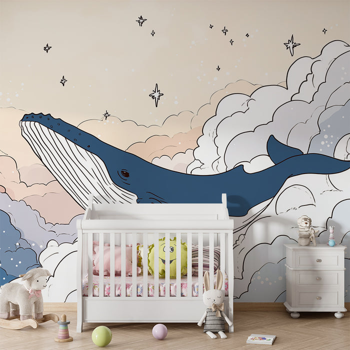Gyermekszoba tapéta | Fenséges bálna úszik a csillagos felhők között
