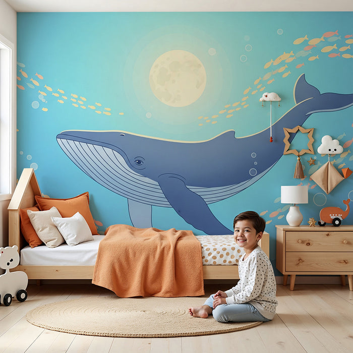Kids room wallpaper | Majestic whale swimming among colorful fish