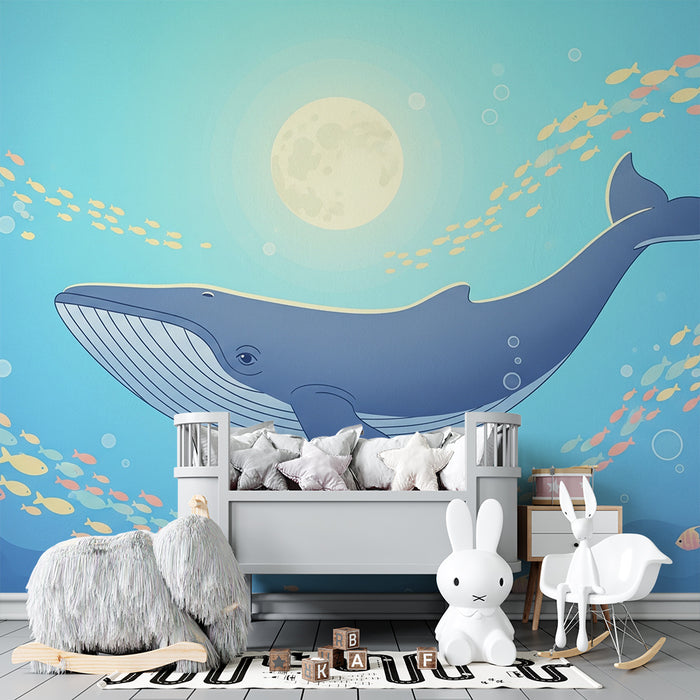 Kids room wallpaper | Majestic whale swimming among colorful fish