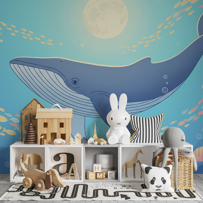 Kids room wallpaper | Majestic whale swimming among colorful fish