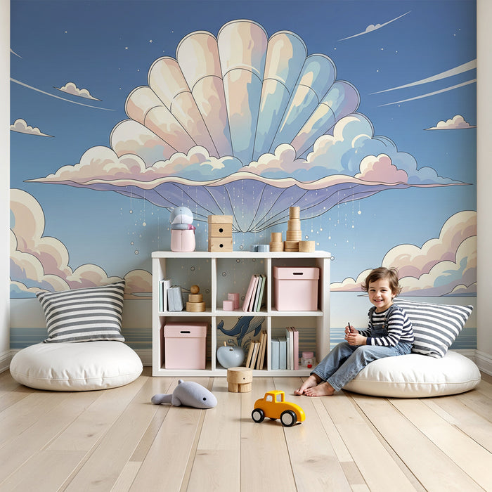 Kids' Room Wallpaper | Whale Leaping Under a Cloud and Seashell Sky
