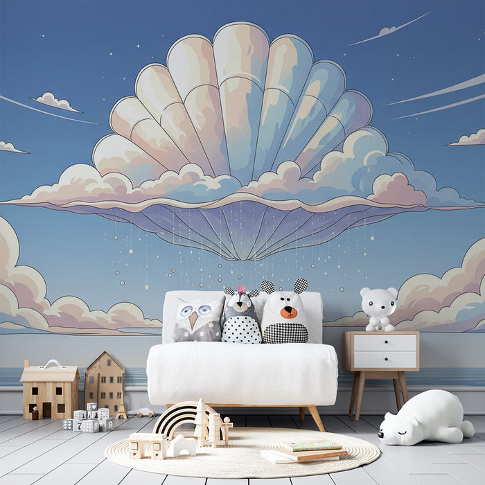Kids' Room Wallpaper | Whale Leaping Under a Cloud and Seashell Sky