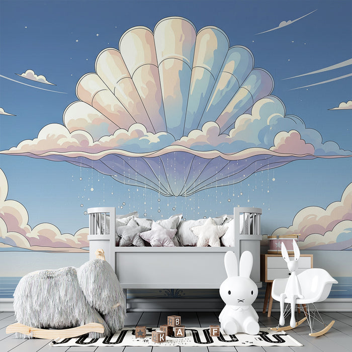 Kids' Room Wallpaper | Whale Leaping Under a Cloud and Seashell Sky