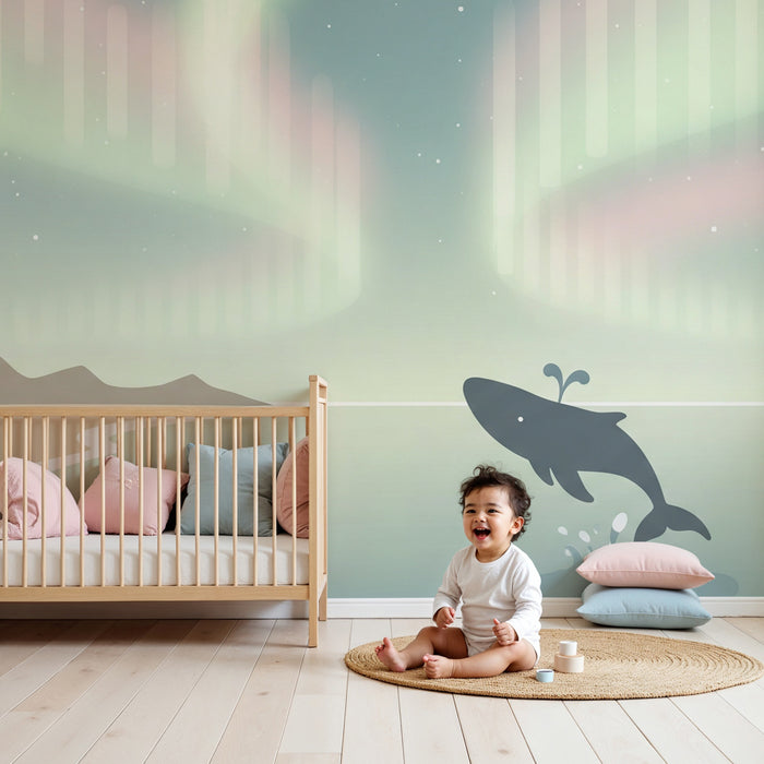 Papier peint chambre enfant | Baleine sous les aurores boréales