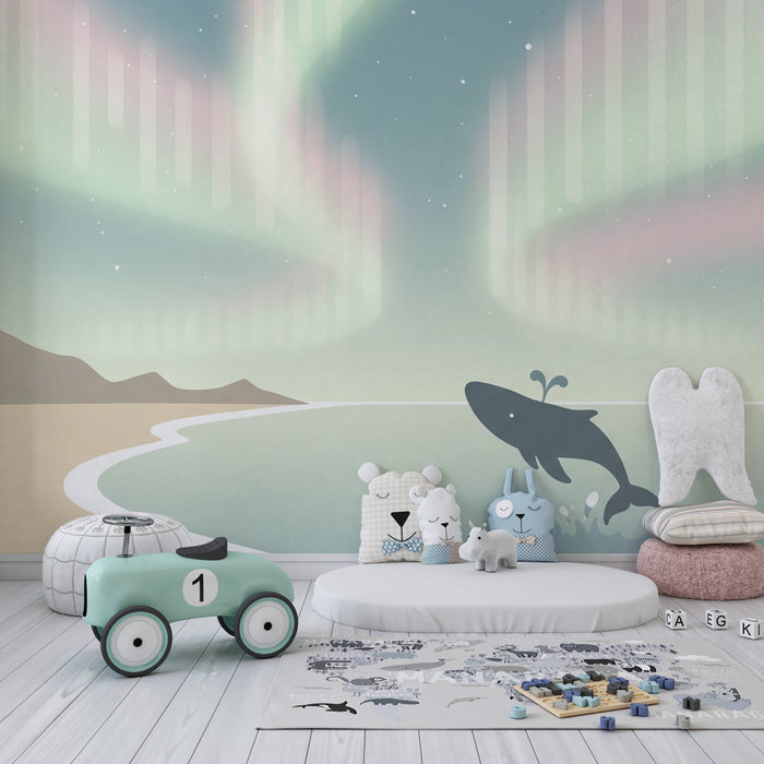 Papier peint chambre enfant | Baleine sous les aurores boréales