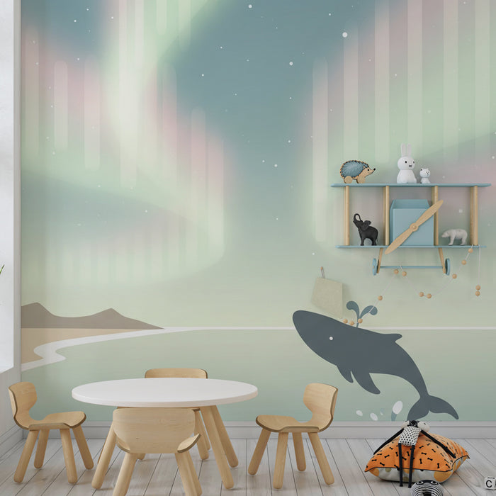Papier peint chambre enfant | Baleine sous les aurores boréales