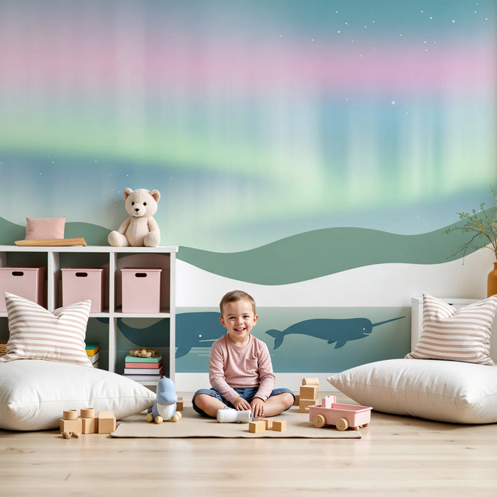Papier peint chambre enfant | Baleines et narvals sous les aurores boréales