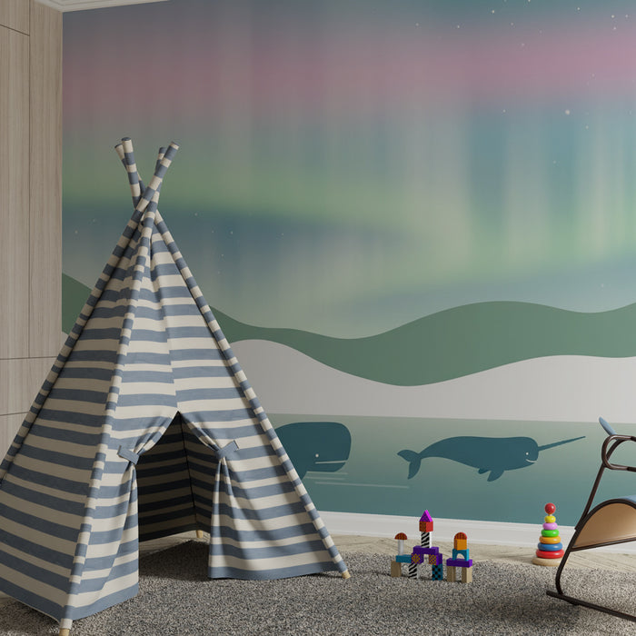 Papier peint chambre enfant | Baleines et narvals sous les aurores boréales