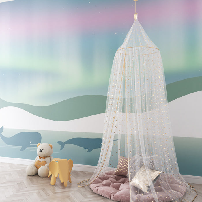 Papier peint chambre enfant | Baleines et narvals sous les aurores boréales