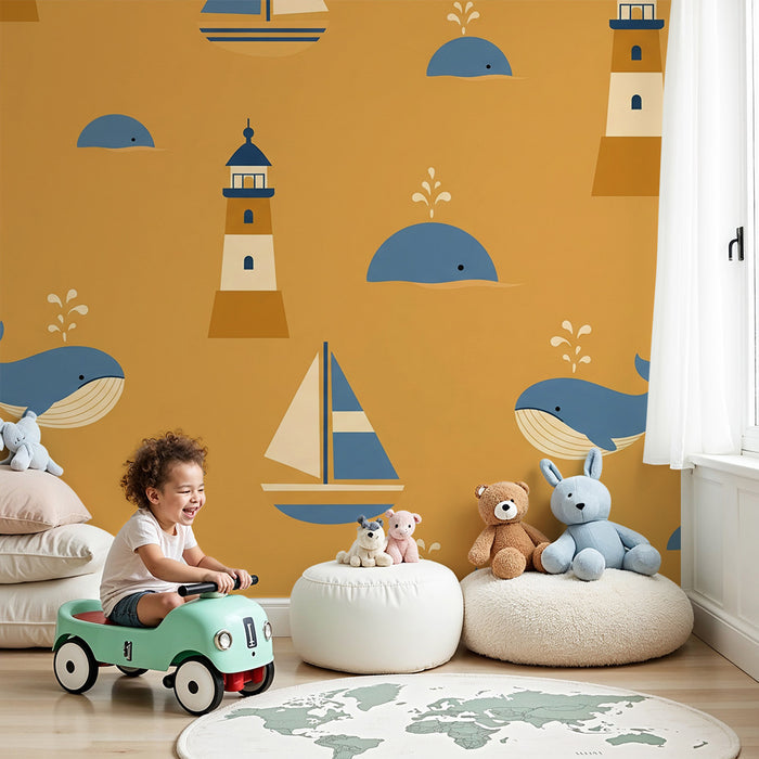 Papier peint chambre enfant | Baleines et phares sur fond doré