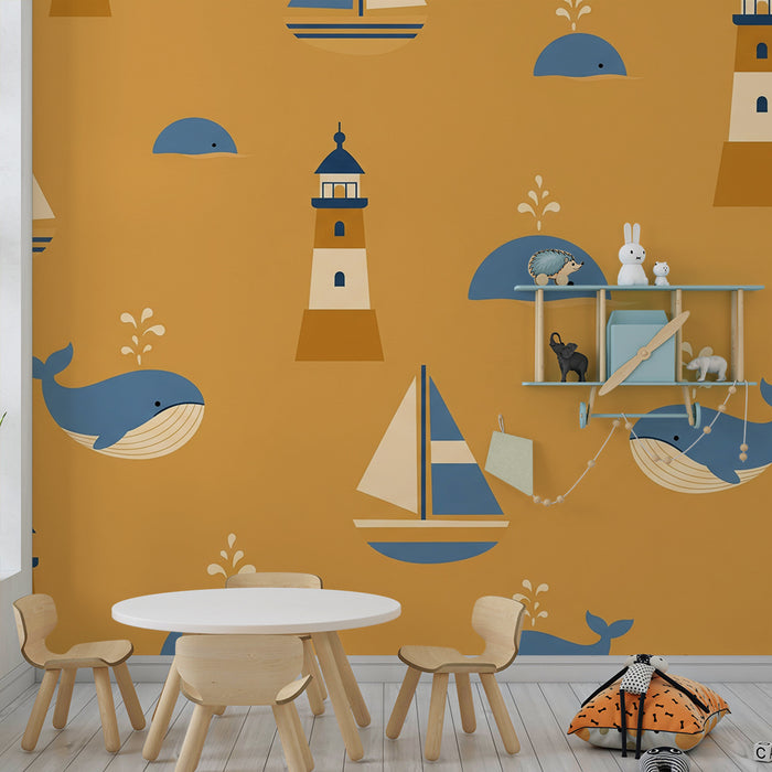 Papier peint chambre enfant | Baleines et phares sur fond doré