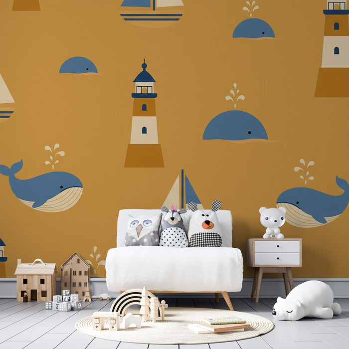 Papier peint chambre enfant | Baleines et phares sur fond doré