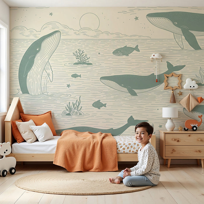 Papier peint chambre enfant | Baleines majestueuses et océan paisible